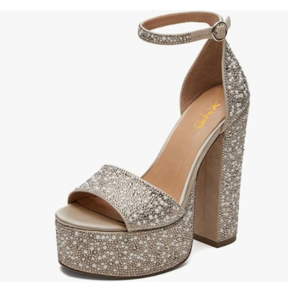 XYD Champagne Round Open Toe Sandals Rhinestones Jewelled Platform Block Heels S